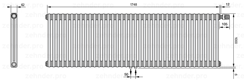 Схема (чертеж) Радиатор Zehnder Charleston 2100/38 №V008 Белый глянцевый RAL 9016